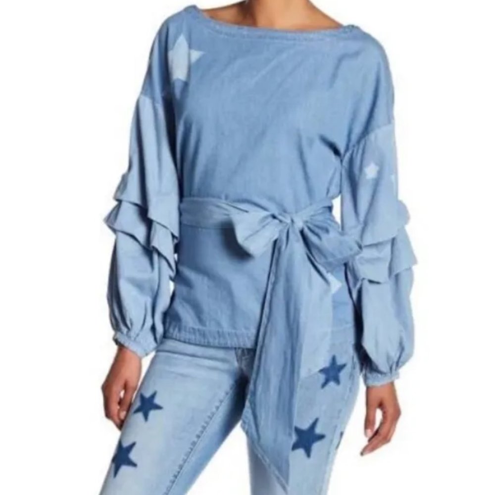 NWT Nanette Lepore Chambray Star Tiered Balloon Sleeve Top Whimsigoth Boho-S - Picture 2 of 16
